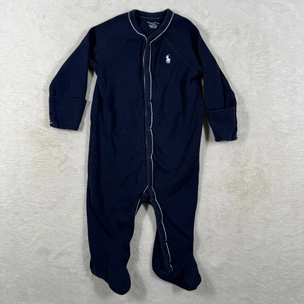 Ralph Lauren Baby Navy Blue Cotton Footed Coverall Snap Romper 6M Pony Logo